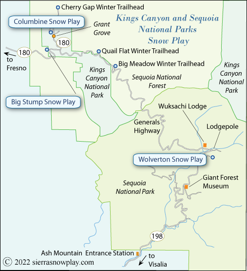Kings Canyon and Sequia national parks snow play map, California