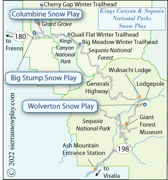 Kings Canyon and Sequia national parks snow play map, California